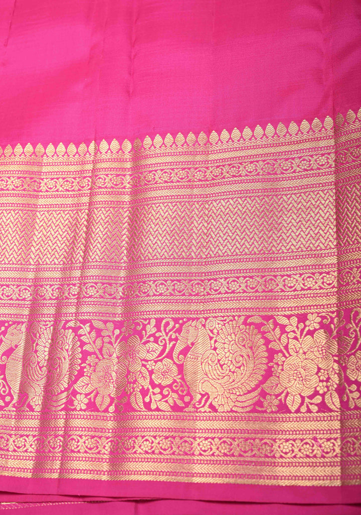 Parrot Green Pure Kanjivaram Silk Saree with Floral Brocade Jaal and Contrast Wide Zari Border | SILK MARK CERTIFIED