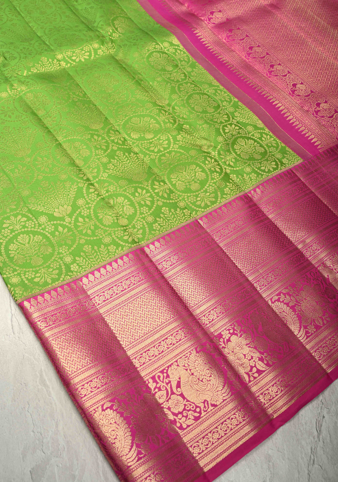 Parrot Green Pure Kanjivaram Silk Saree with Floral Brocade Jaal and Contrast Wide Zari Border | SILK MARK CERTIFIED