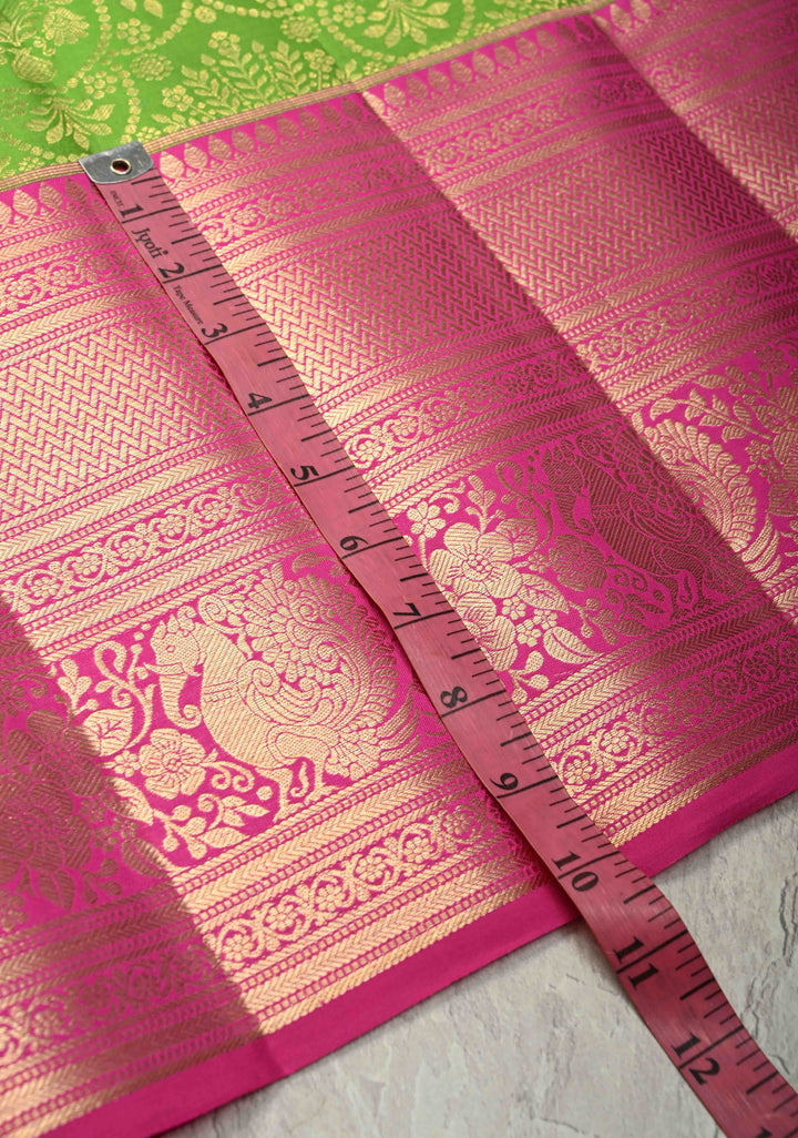 Parrot Green Pure Kanjivaram Silk Saree with Floral Brocade Jaal and Contrast Wide Zari Border | SILK MARK CERTIFIED