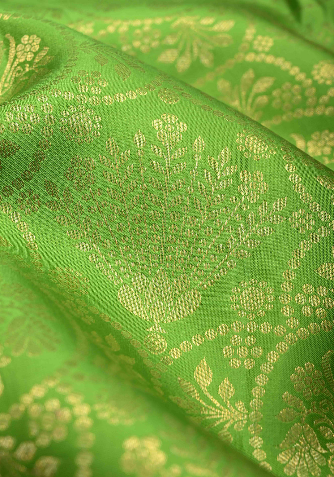 Parrot Green Pure Kanjivaram Silk Saree with Floral Brocade Jaal and Contrast Wide Zari Border | SILK MARK CERTIFIED
