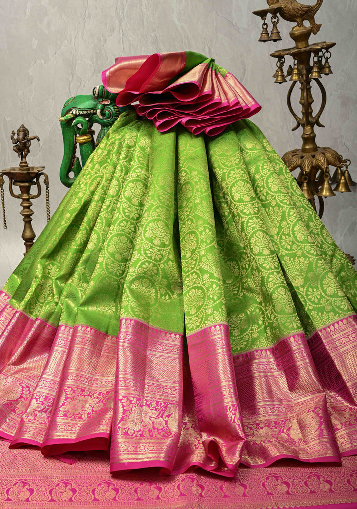 Parrot Green Pure Kanjivaram Silk Saree with Floral Brocade Jaal and Contrast Wide Zari Border | SILK MARK CERTIFIED