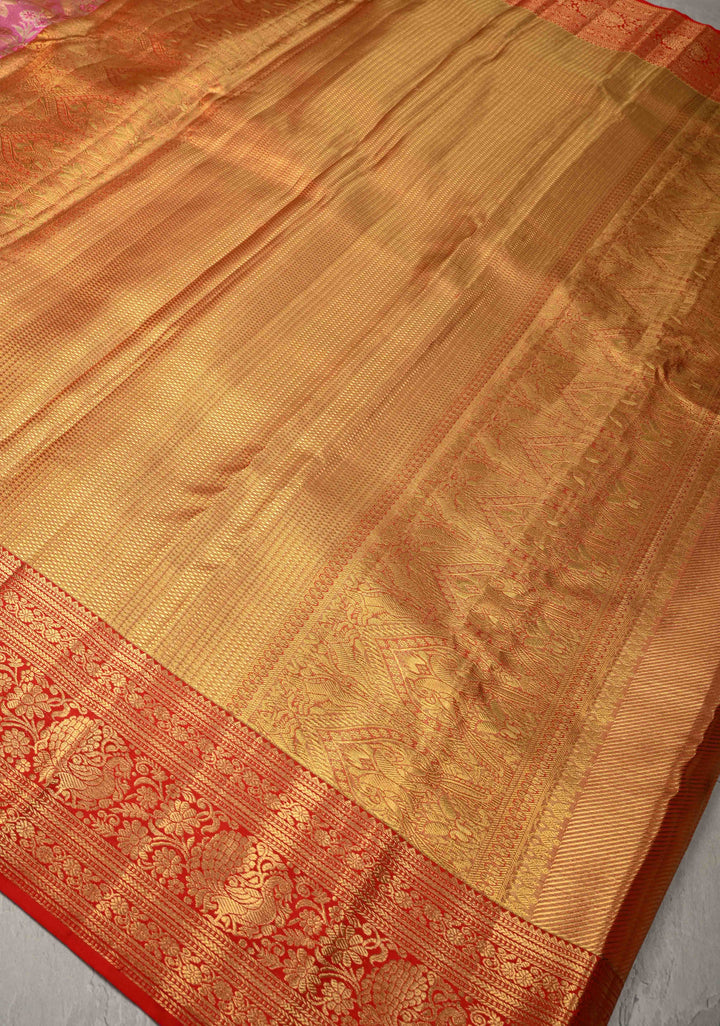 Rose pink Tissue Kanjivaram Pure Silk Saree With Meenakari Floral Brocade Jaal and Zari Border | SILK MARK CERTIFIED