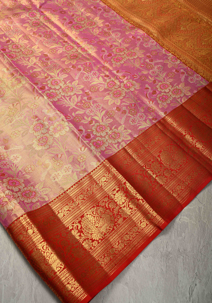 Rose pink Tissue Kanjivaram Pure Silk Saree With Meenakari Floral Brocade Jaal and Zari Border | SILK MARK CERTIFIED