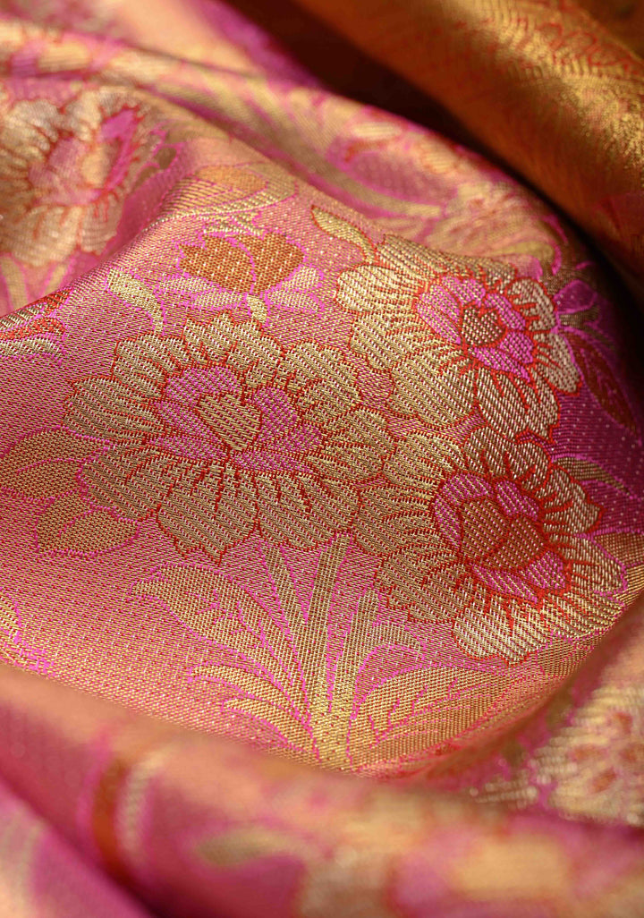 Rose pink Tissue Kanjivaram Pure Silk Saree With Meenakari Floral Brocade Jaal and Zari Border | SILK MARK CERTIFIED