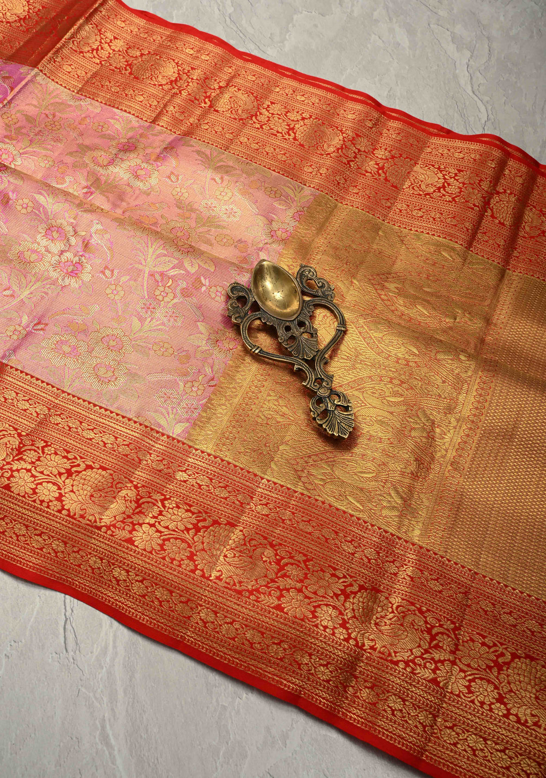 Rose pink Tissue Kanjivaram Pure Silk Saree With Meenakari Floral Brocade Jaal and Zari Border | SILK MARK CERTIFIED