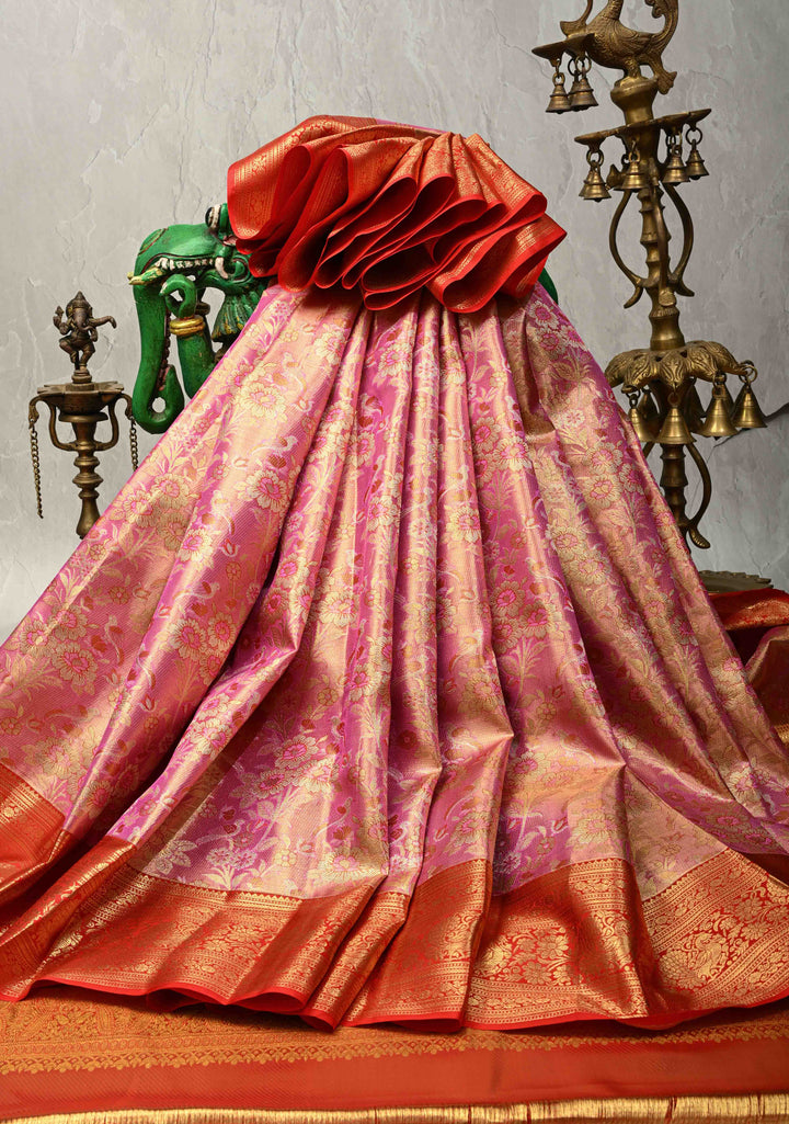 Rose pink Tissue Kanjivaram Pure Silk Saree With Meenakari Floral Brocade Jaal and Zari Border | SILK MARK CERTIFIED
