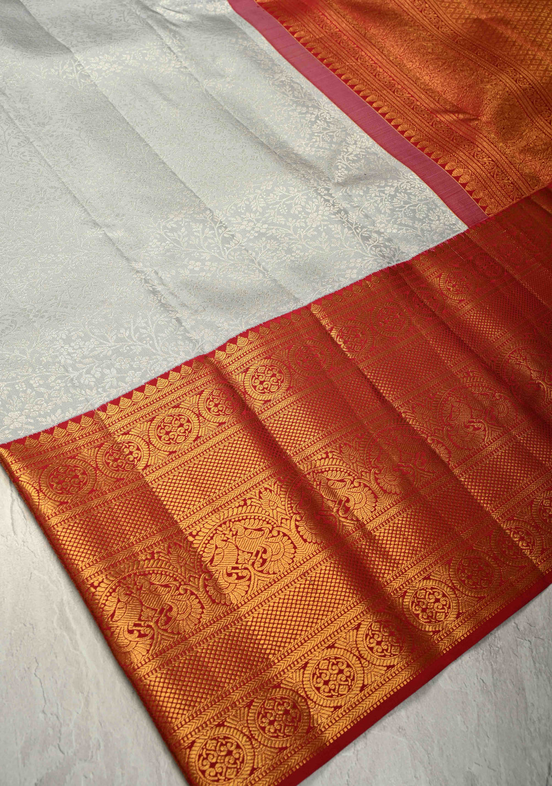 Gray Pure Kanjivaram Silk Saree with Floral Zari Brocade Jaal and Contrast Zari Border | SILK MARK CERTIFIED
