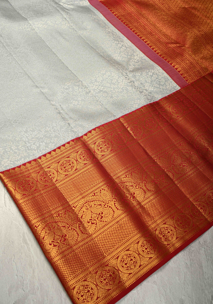 Gray Pure Kanjivaram Silk Saree with Floral Zari Brocade Jaal and Contrast Zari Border | SILK MARK CERTIFIED