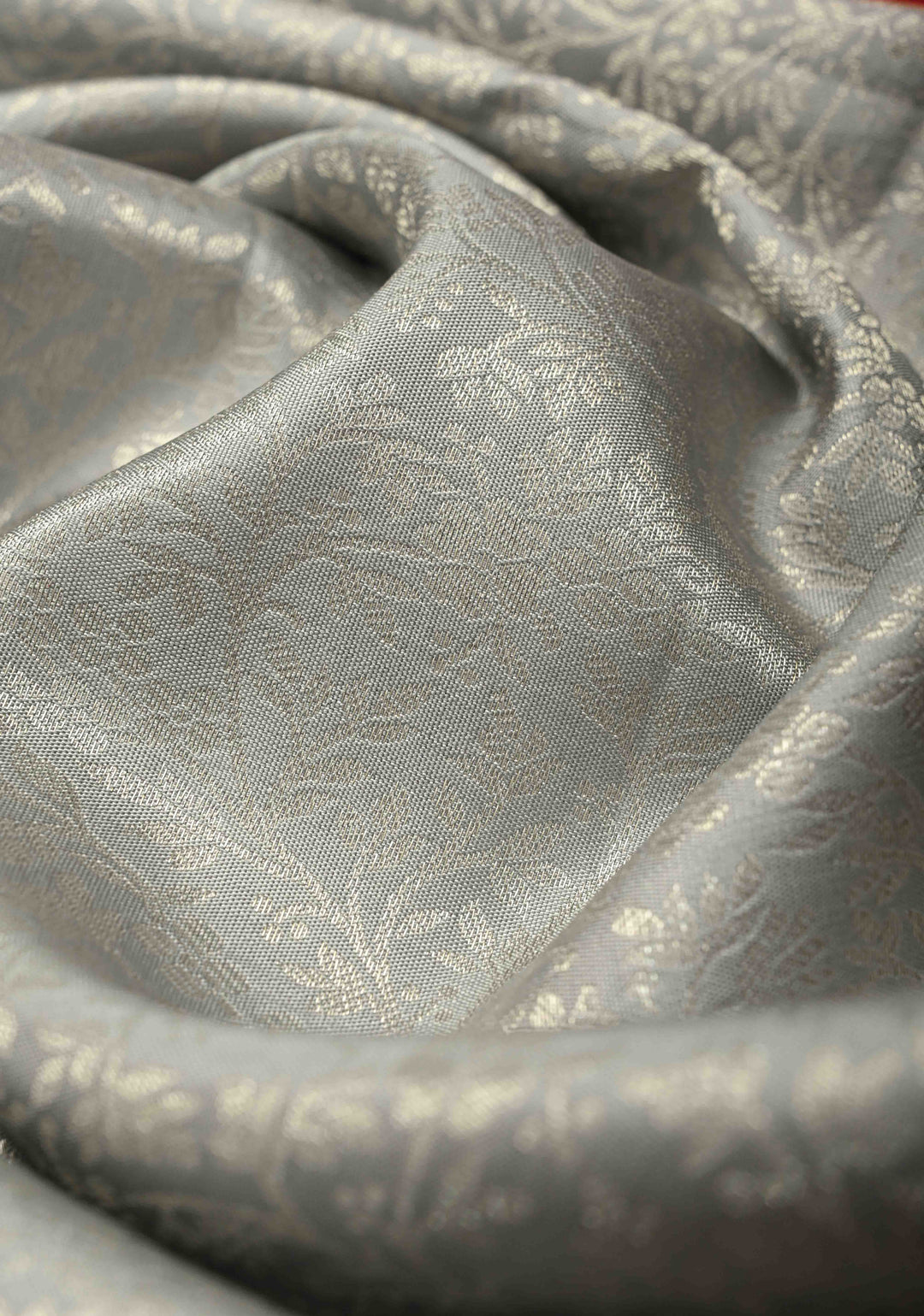 Gray Pure Kanjivaram Silk Saree with Floral Zari Brocade Jaal and Contrast Zari Border | SILK MARK CERTIFIED