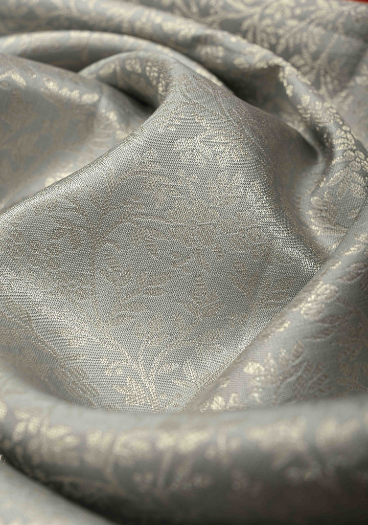 Gray Pure Kanjivaram Silk Saree with Floral Zari Brocade Jaal and Contrast Zari Border | SILK MARK CERTIFIED