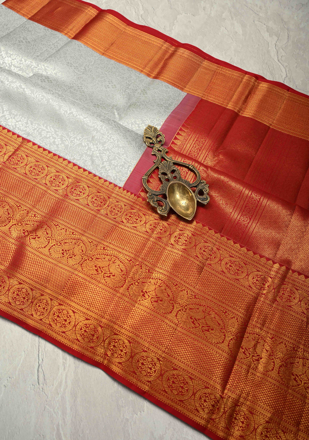 Gray Pure Kanjivaram Silk Saree with Floral Zari Brocade Jaal and Contrast Zari Border | SILK MARK CERTIFIED