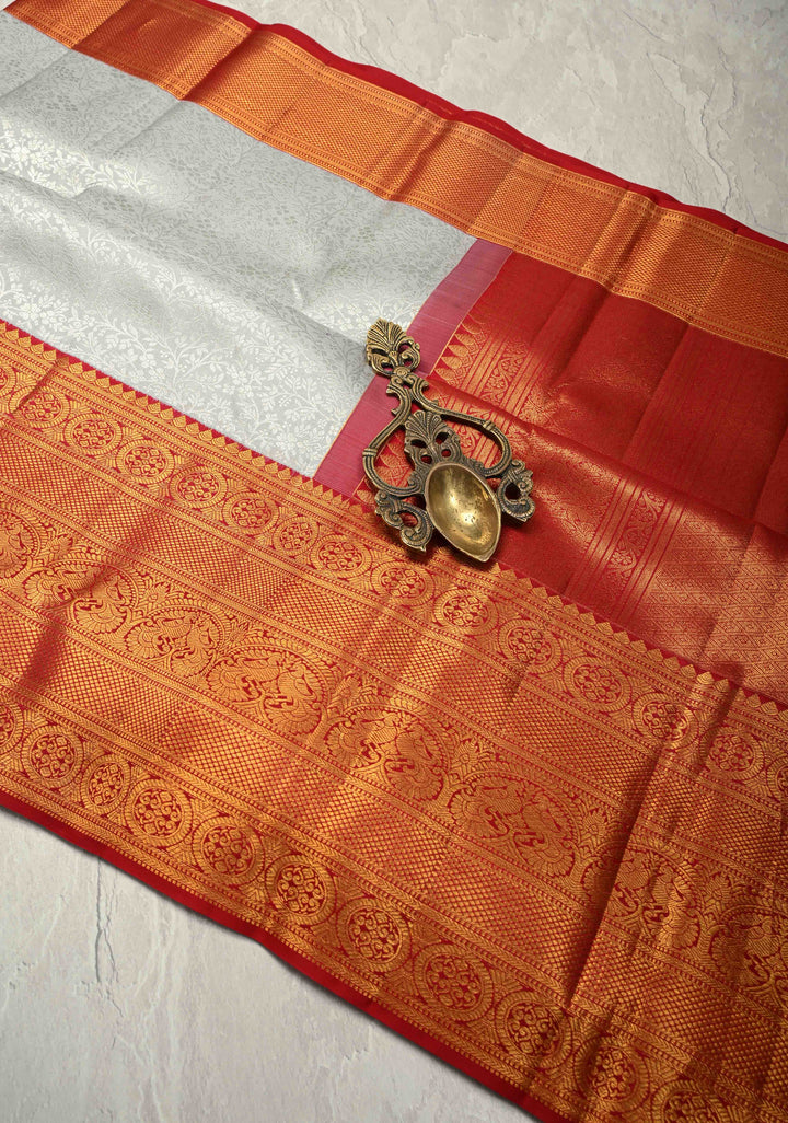 Gray Pure Kanjivaram Silk Saree with Floral Zari Brocade Jaal and Contrast Zari Border | SILK MARK CERTIFIED
