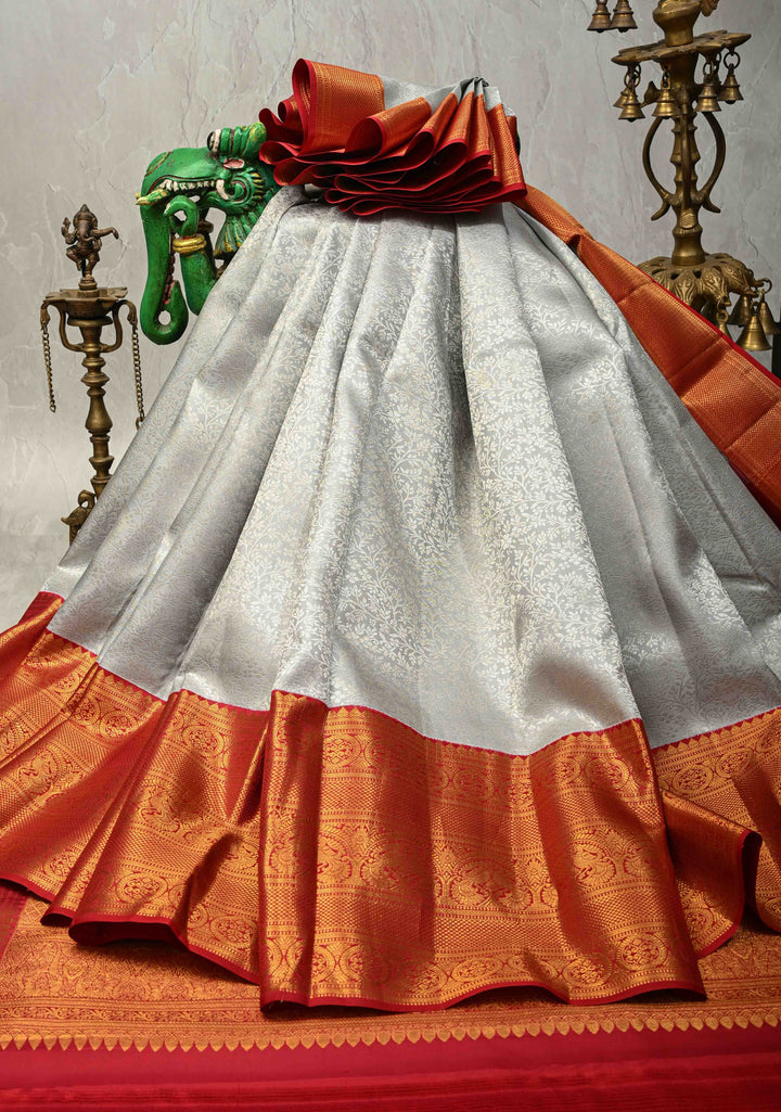 Gray Pure Kanjivaram Silk Saree with Floral Zari Brocade Jaal and Contrast Zari Border | SILK MARK CERTIFIED