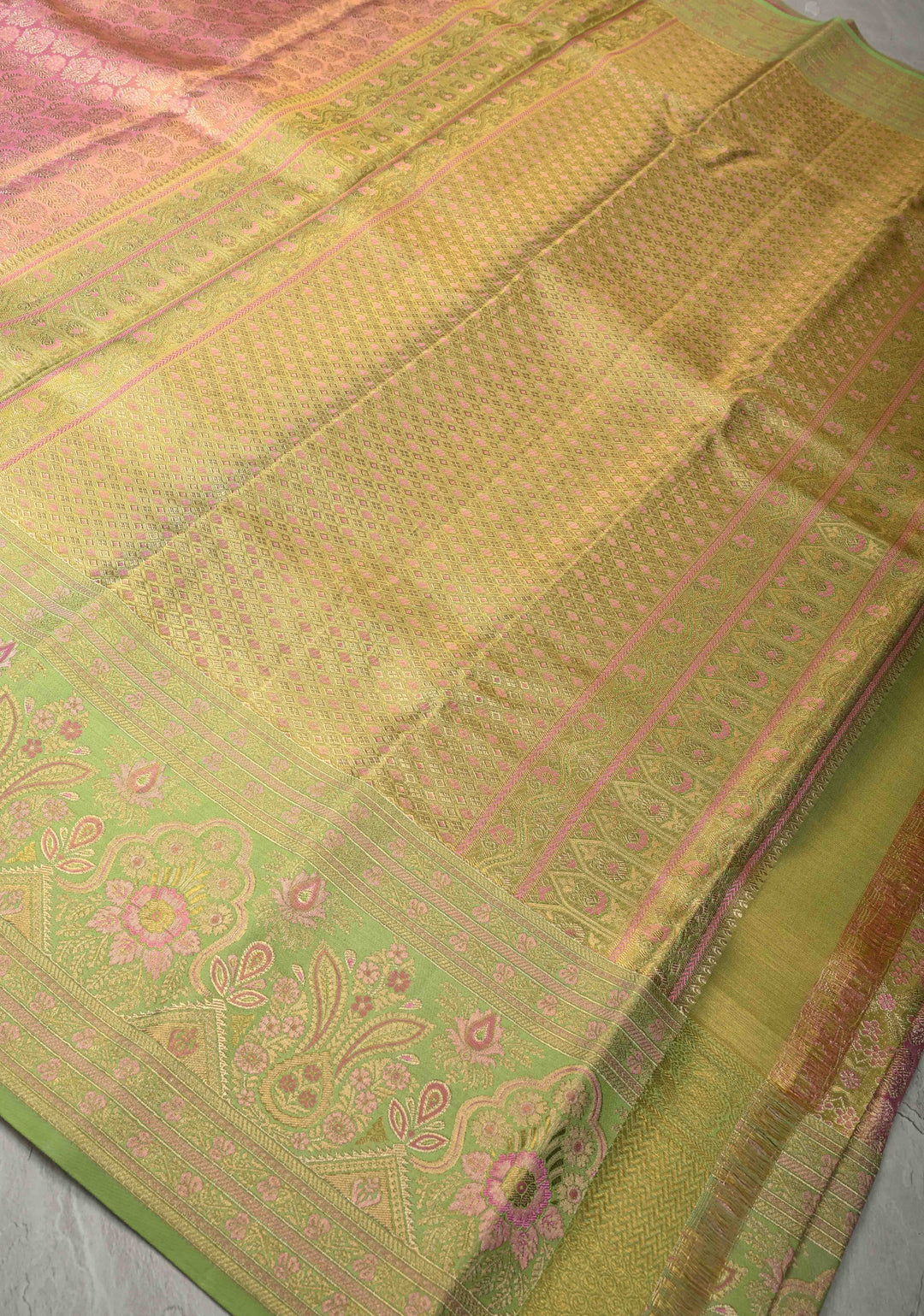 Rose Pink Meenakari on Pure Kanjivaram Tissue Silk Saree with Floral Zari Brocade and Contrast Zari Border | SILK MARK CERTIFIED