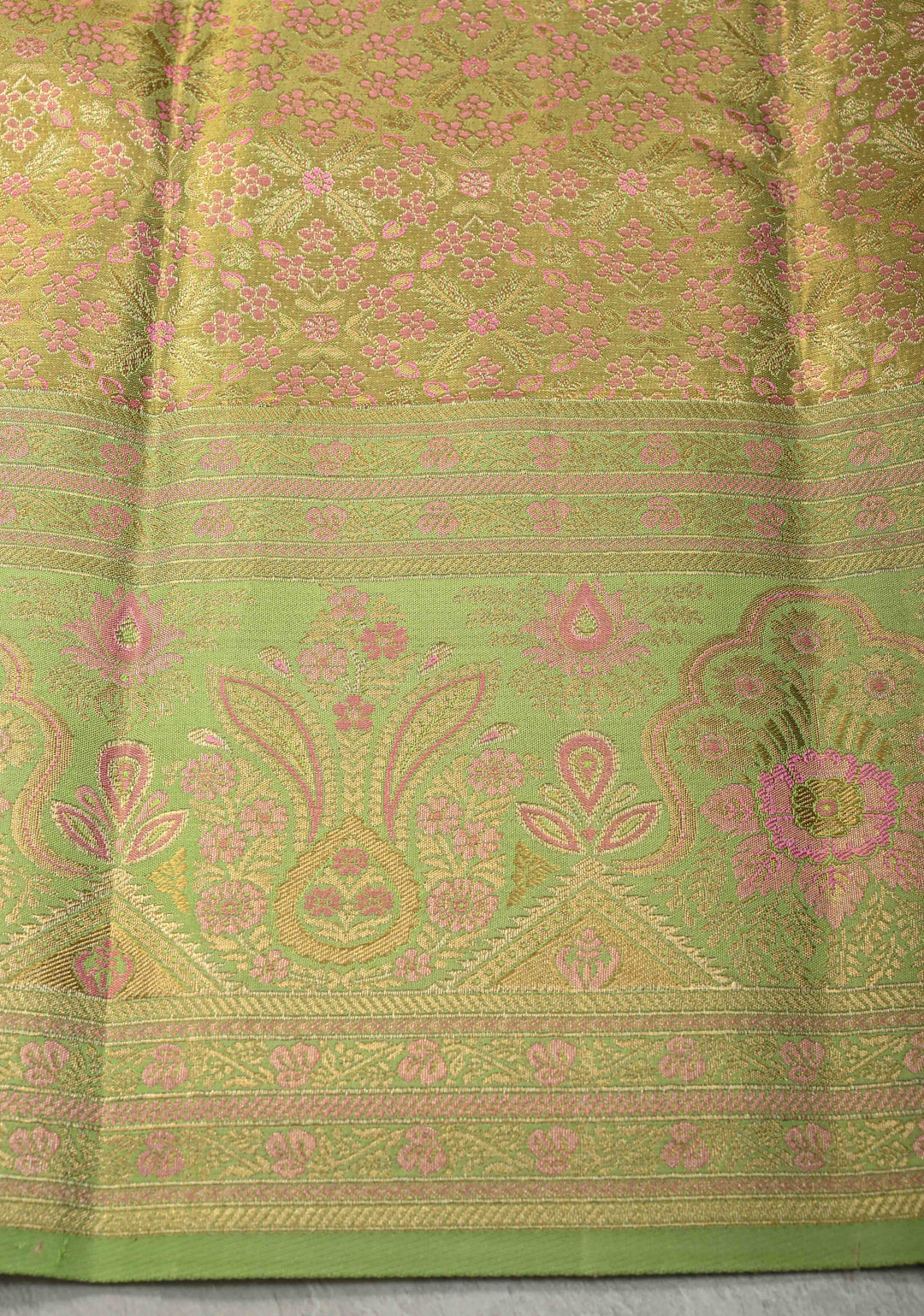 Rose Pink Meenakari on Pure Kanjivaram Tissue Silk Saree with Floral Zari Brocade and Contrast Zari Border | SILK MARK CERTIFIED
