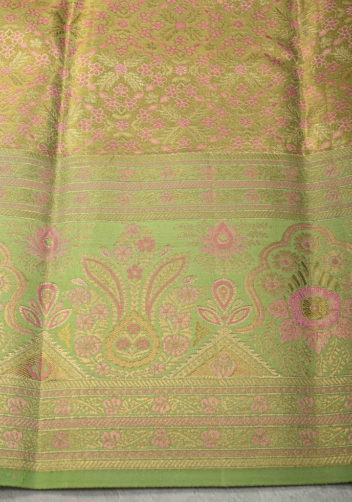 Rose Pink Meenakari on Pure Kanjivaram Tissue Silk Saree with Floral Zari Brocade and Contrast Zari Border | SILK MARK CERTIFIED