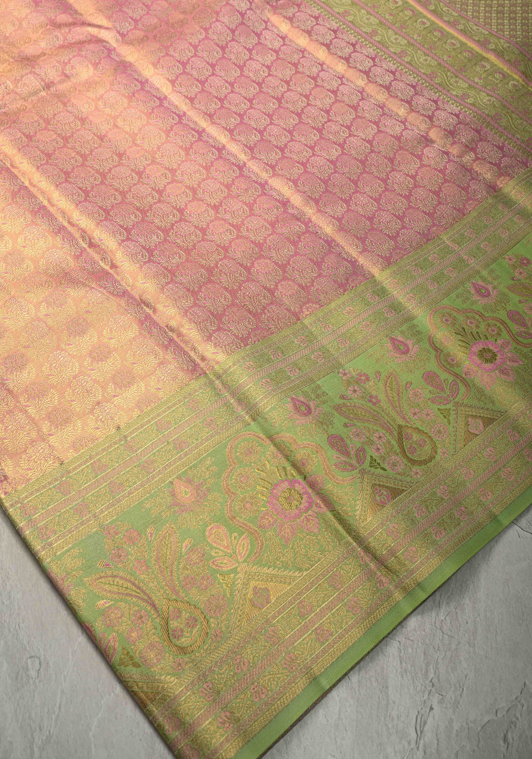 Rose Pink Meenakari on Pure Kanjivaram Tissue Silk Saree with Floral Zari Brocade and Contrast Zari Border | SILK MARK CERTIFIED