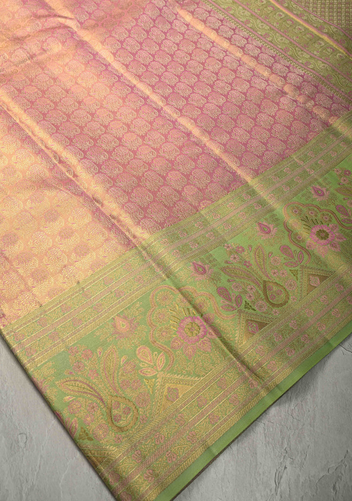 Rose Pink Meenakari on Pure Kanjivaram Tissue Silk Saree with Floral Zari Brocade and Contrast Zari Border | SILK MARK CERTIFIED