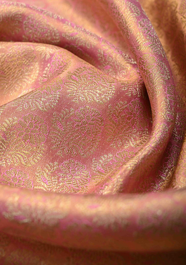 Rose Pink Meenakari on Pure Kanjivaram Tissue Silk Saree with Floral Zari Brocade and Contrast Zari Border | SILK MARK CERTIFIED