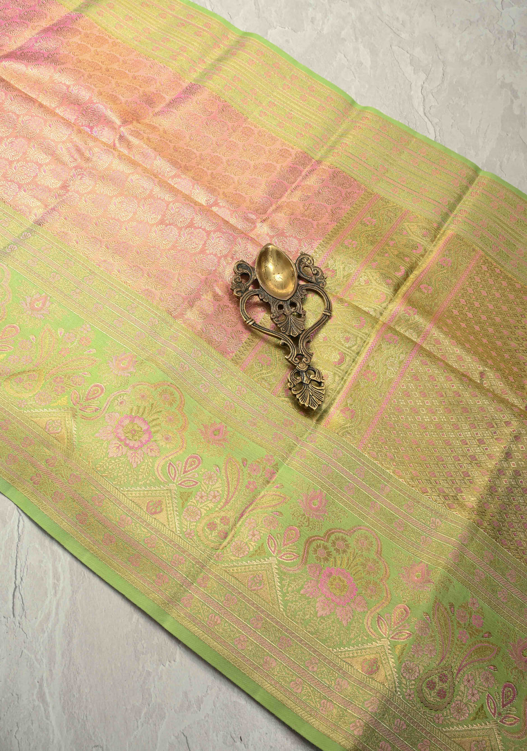 Rose Pink Meenakari on Pure Kanjivaram Tissue Silk Saree with Floral Zari Brocade and Contrast Zari Border | SILK MARK CERTIFIED