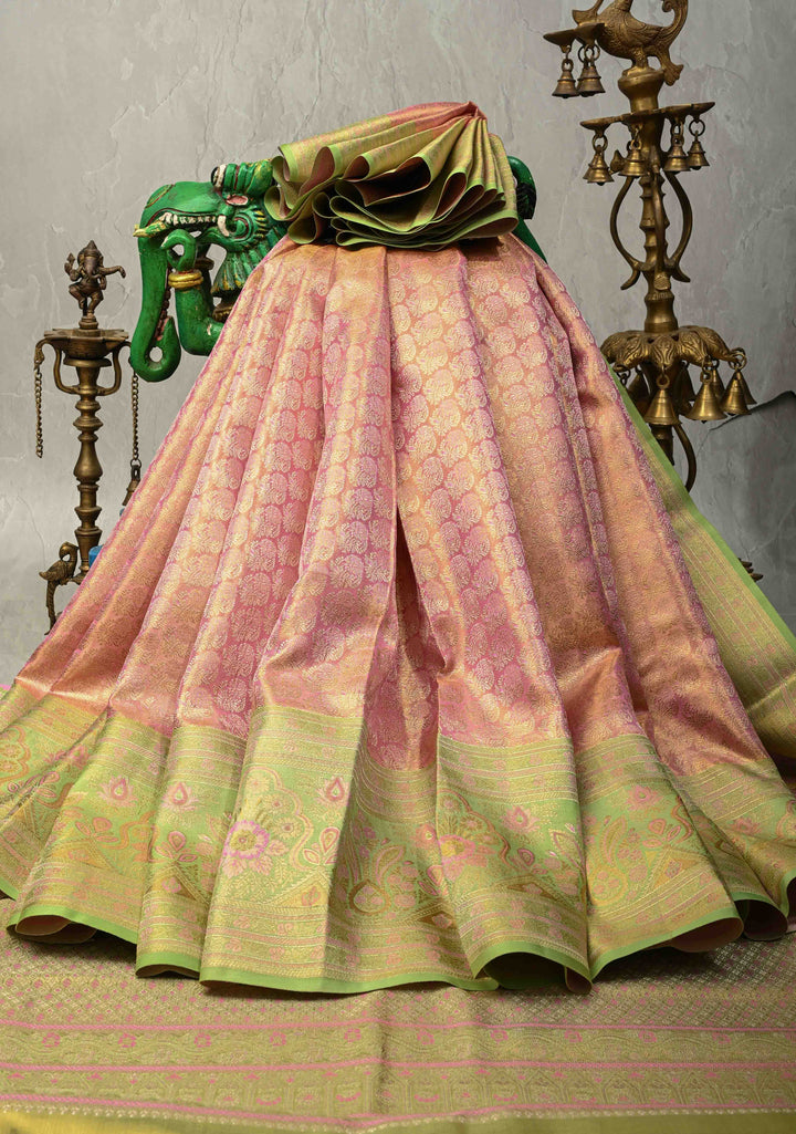 Rose Pink Meenakari on Pure Kanjivaram Tissue Silk Saree with Floral Zari Brocade and Contrast Zari Border | SILK MARK CERTIFIED