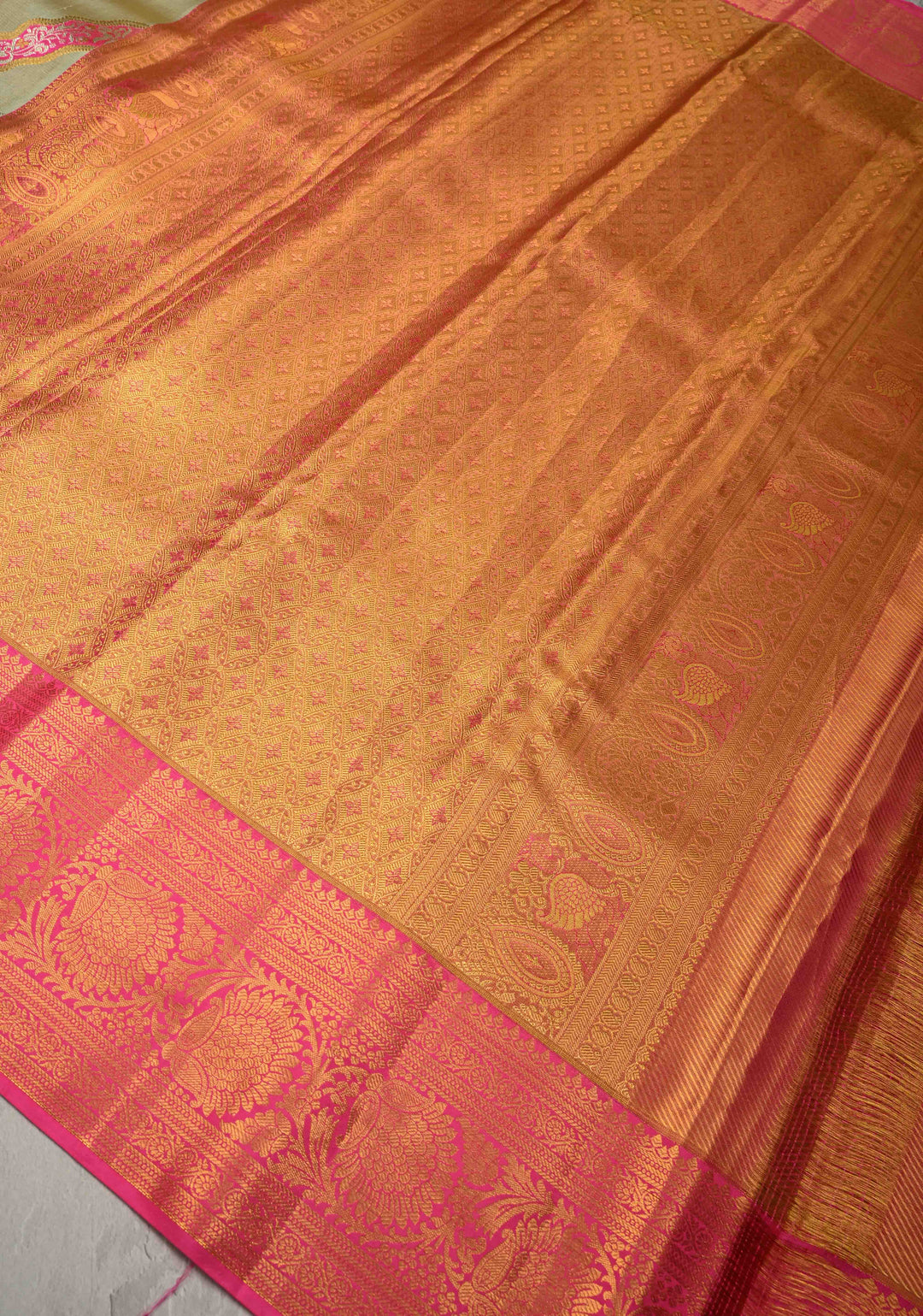 Light Green Tissue Kanjivaram Pure Silk Saree With Meenakari Leheria Design and Zari Border | SILK MARK CERTIFIED