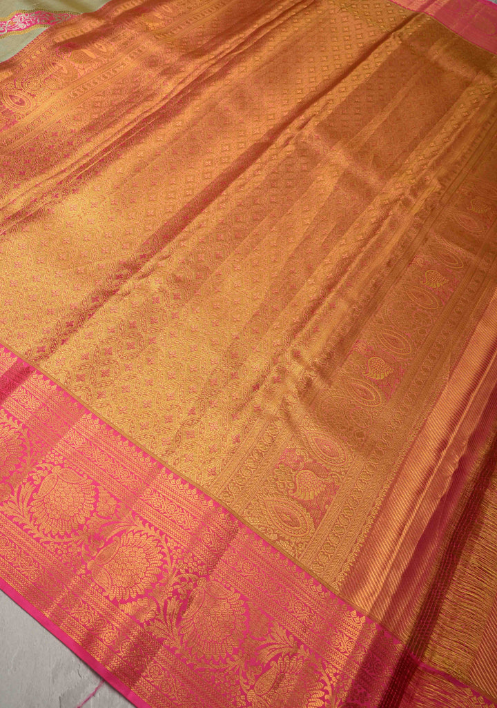 Light Green Tissue Kanjivaram Pure Silk Saree With Meenakari Leheria Design and Zari Border | SILK MARK CERTIFIED