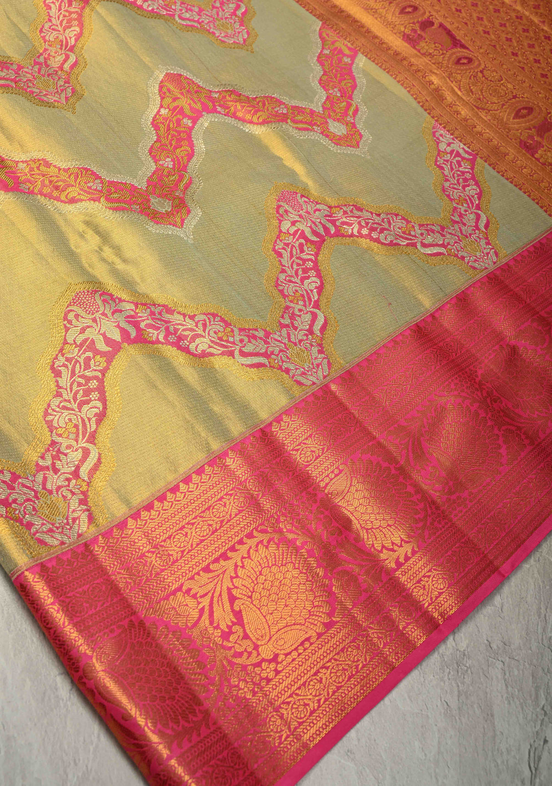 Light Green Tissue Kanjivaram Pure Silk Saree With Meenakari Leheria Design and Zari Border | SILK MARK CERTIFIED