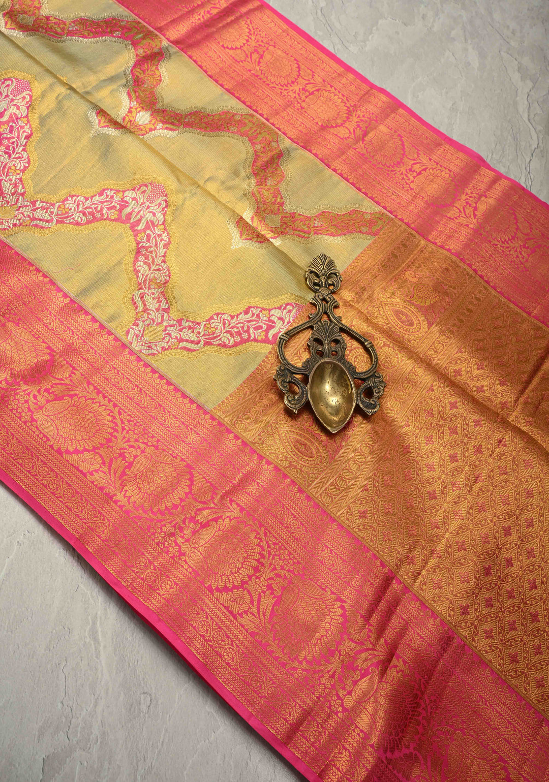 Light Green Tissue Kanjivaram Pure Silk Saree With Meenakari Leheria Design and Zari Border | SILK MARK CERTIFIED