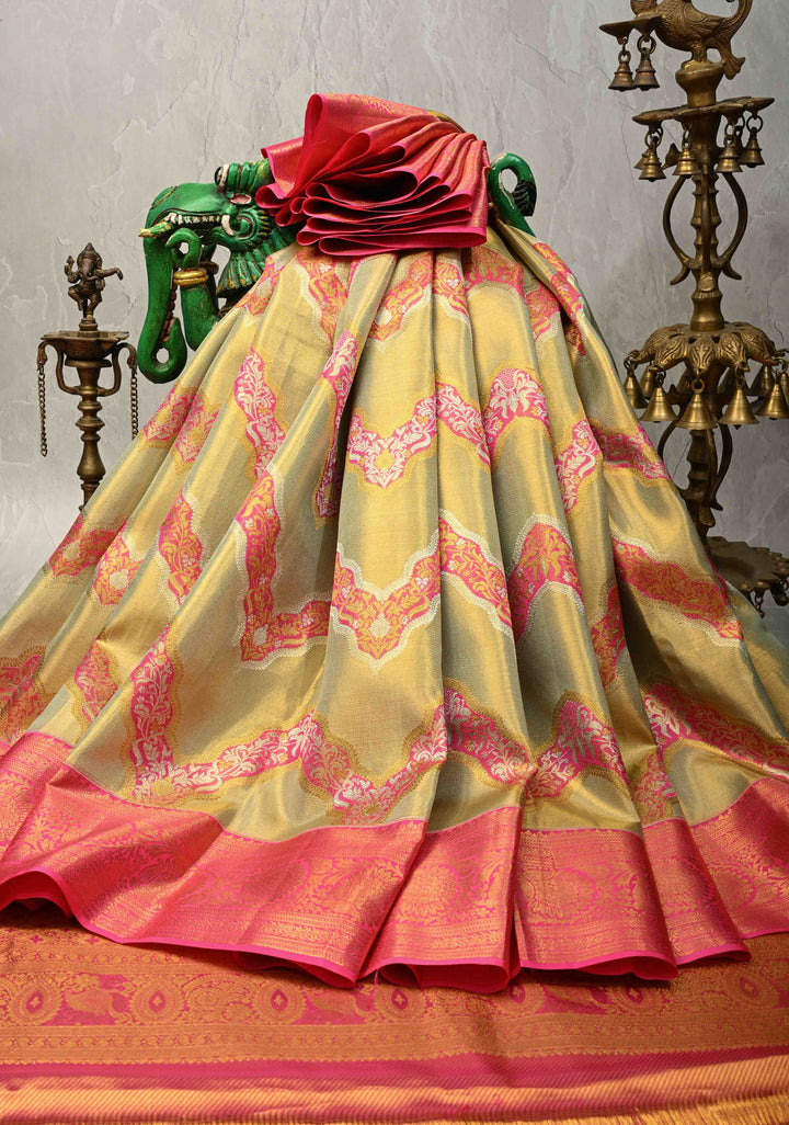 Light Green Tissue Kanjivaram Pure Silk Saree With Meenakari Leheria Design and Zari Border | SILK MARK CERTIFIED