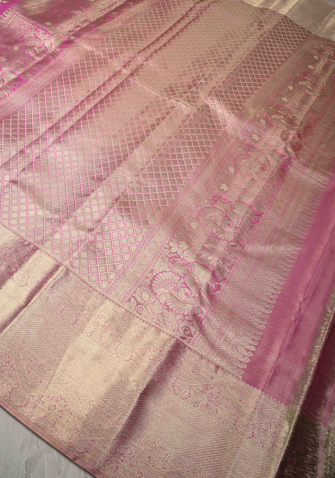 Dusty Pink Tissue Kanjivaram Pure Silk Saree With Geometric Brocade and Zari Border | SILK MARK CERTIFIED