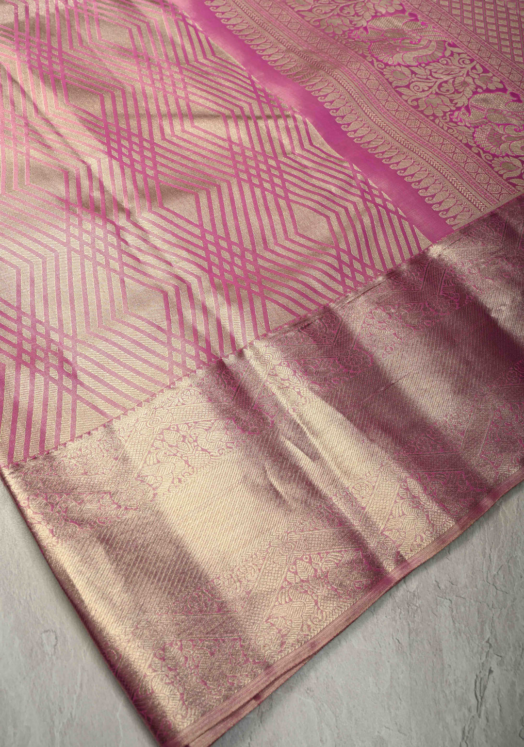 Dusty Pink Tissue Kanjivaram Pure Silk Saree With Geometric Brocade and Zari Border | SILK MARK CERTIFIED