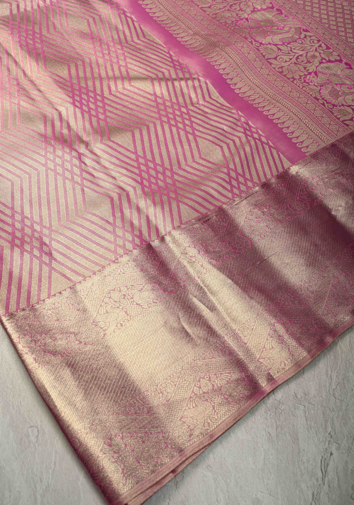 Dusty Pink Tissue Kanjivaram Pure Silk Saree With Geometric Brocade and Zari Border | SILK MARK CERTIFIED