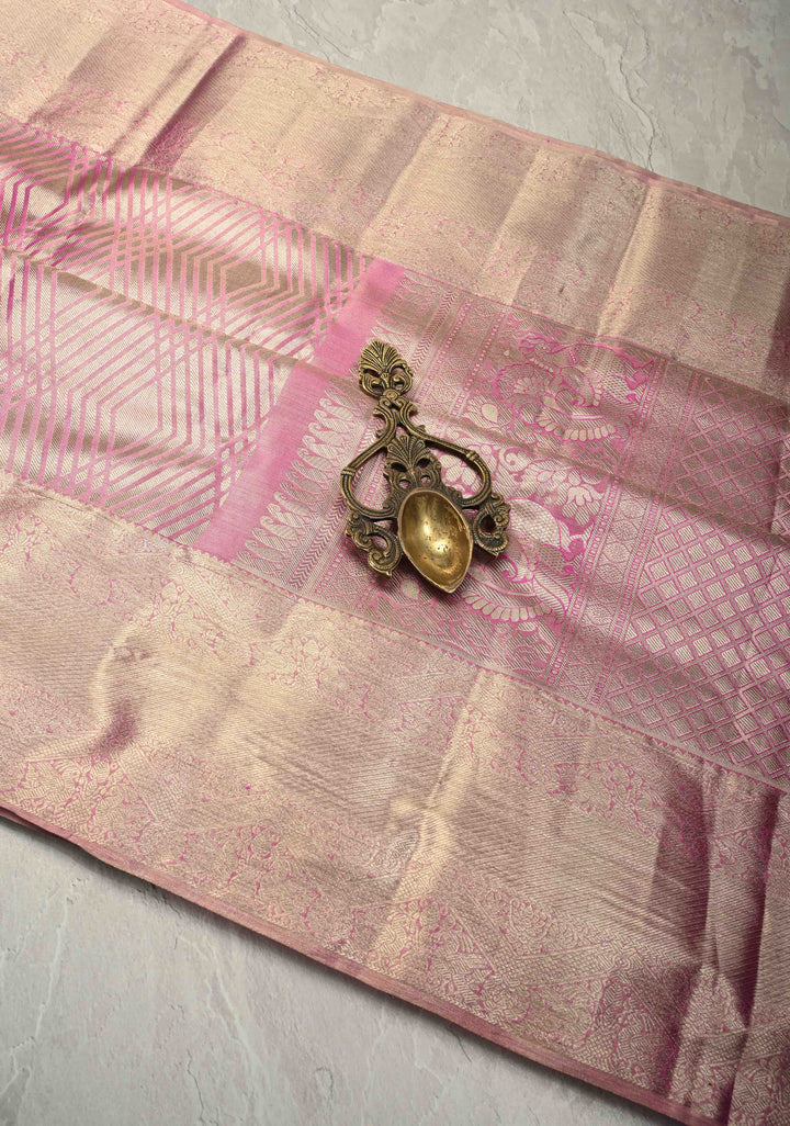 Dusty Pink Tissue Kanjivaram Pure Silk Saree With Geometric Brocade and Zari Border | SILK MARK CERTIFIED