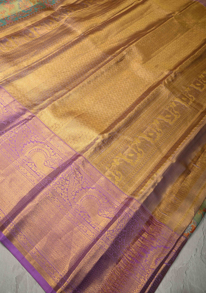Turquoise Pure Kanjivaram Tissue Silk Saree with Meenakari Floral Jaal and Contrast Wide Zari Border | SILK MARK CERTIFIED