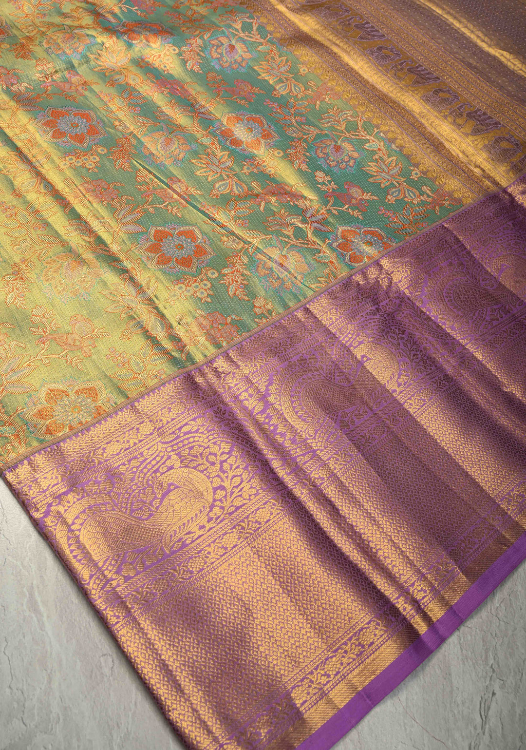 Turquoise Pure Kanjivaram Tissue Silk Saree with Meenakari Floral Jaal and Contrast Wide Zari Border | SILK MARK CERTIFIED