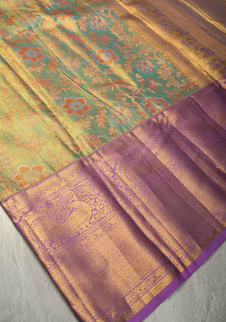 Turquoise Pure Kanjivaram Tissue Silk Saree with Meenakari Floral Jaal and Contrast Wide Zari Border | SILK MARK CERTIFIED