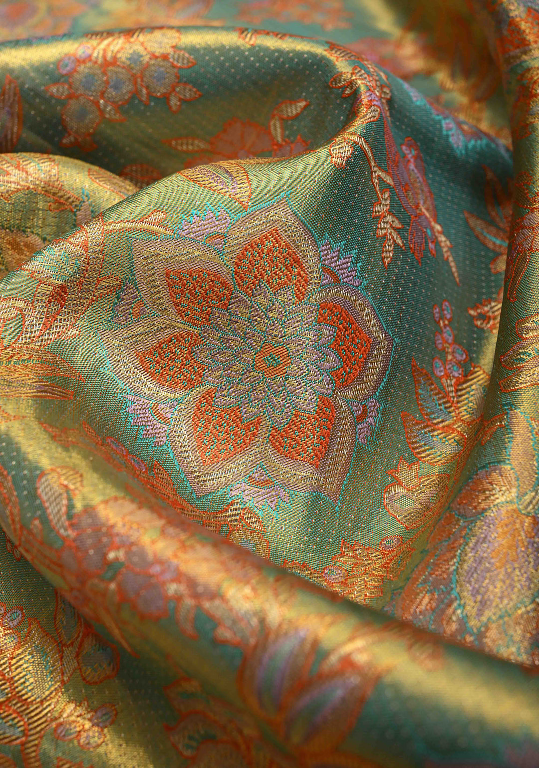 Turquoise Pure Kanjivaram Tissue Silk Saree with Meenakari Floral Jaal and Contrast Wide Zari Border | SILK MARK CERTIFIED