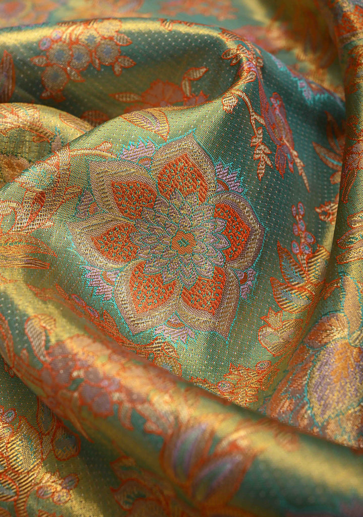 Turquoise Pure Kanjivaram Tissue Silk Saree with Meenakari Floral Jaal and Contrast Wide Zari Border | SILK MARK CERTIFIED