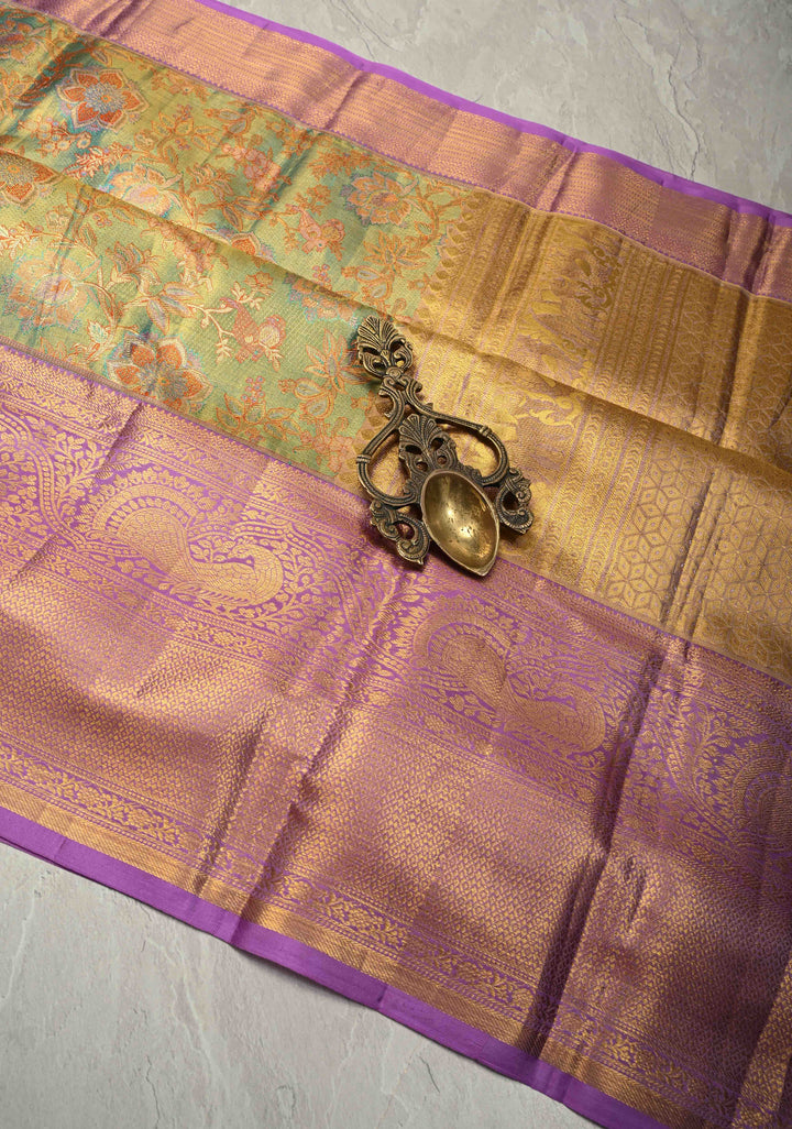 Turquoise Pure Kanjivaram Tissue Silk Saree with Meenakari Floral Jaal and Contrast Wide Zari Border | SILK MARK CERTIFIED