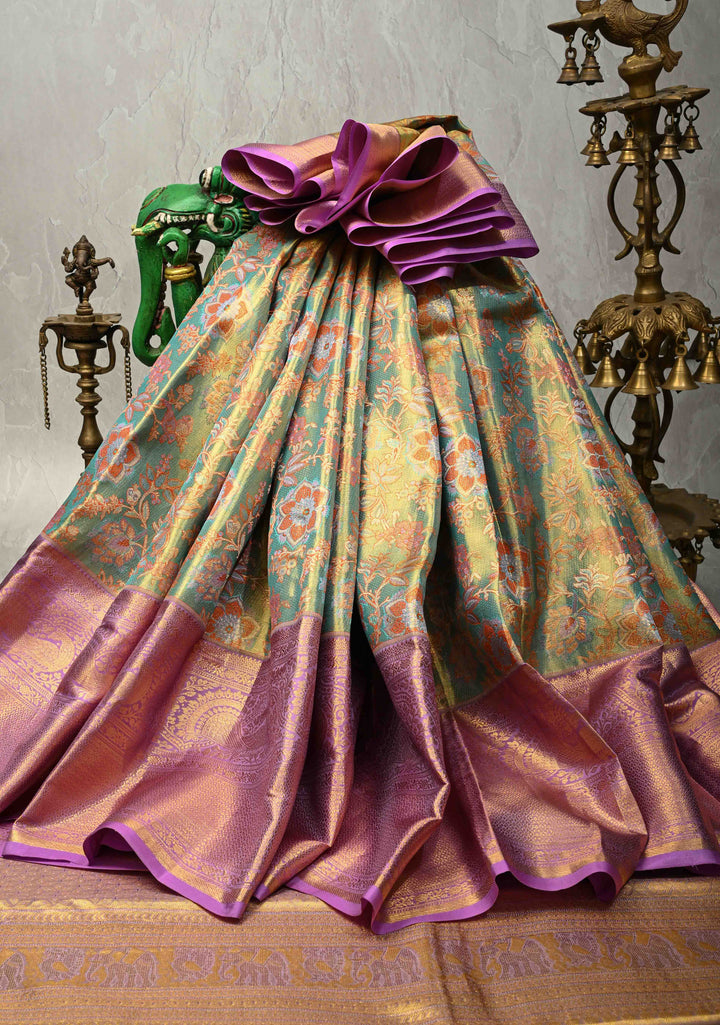 Turquoise Pure Kanjivaram Tissue Silk Saree with Meenakari Floral Jaal and Contrast Wide Zari Border | SILK MARK CERTIFIED