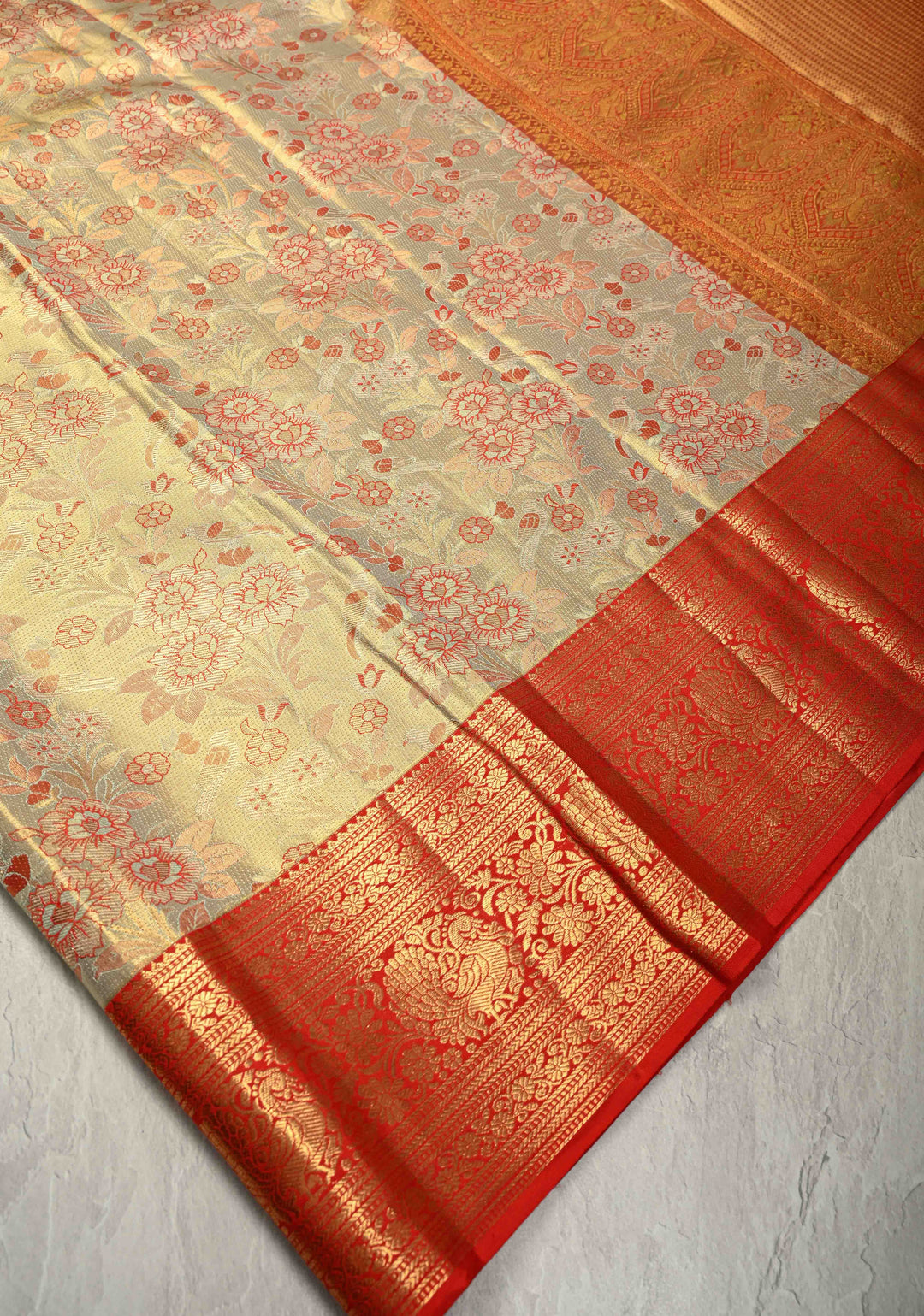 Sage Green Pure Kanjivaram Tissue Silk Saree with Meenakari Floral Brocade and Zari Border | SILK MARK CERTIFIED
