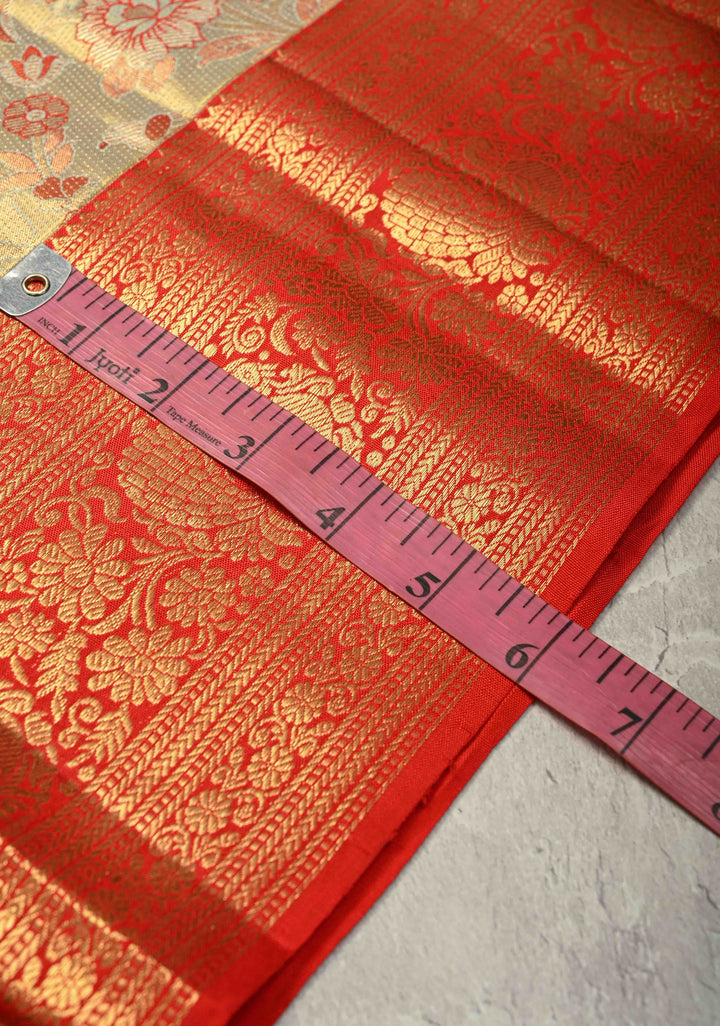 Sage Green Pure Kanjivaram Tissue Silk Saree with Meenakari Floral Brocade and Zari Border | SILK MARK CERTIFIED