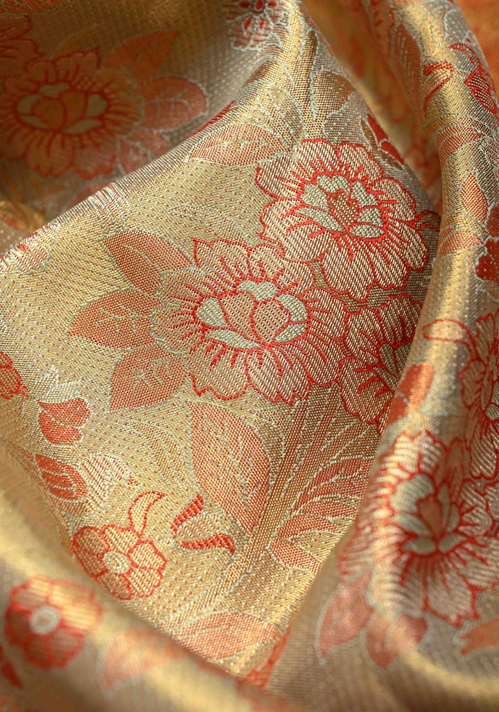 Sage Green Pure Kanjivaram Tissue Silk Saree with Meenakari Floral Brocade and Zari Border | SILK MARK CERTIFIED