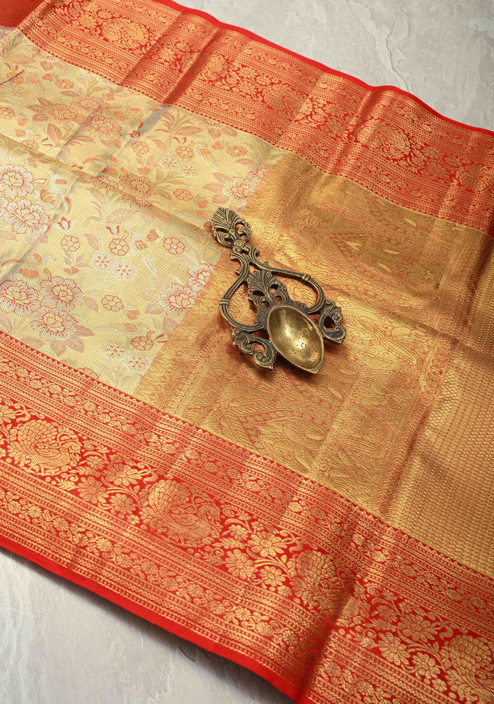 Sage Green Pure Kanjivaram Tissue Silk Saree with Meenakari Floral Brocade and Zari Border | SILK MARK CERTIFIED
