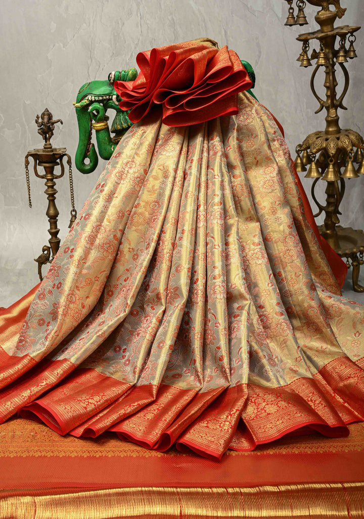 Sage Green Pure Kanjivaram Tissue Silk Saree with Meenakari Floral Brocade and Zari Border | SILK MARK CERTIFIED