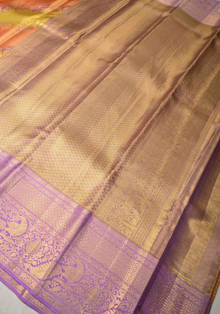 Gold-Orange Leheria Design on Pure Kanjivaram Tissue Silk Saree with Meenakari Floral-Birds Stripes and Contrast Zari Border | SILK MARK CERTIFIED