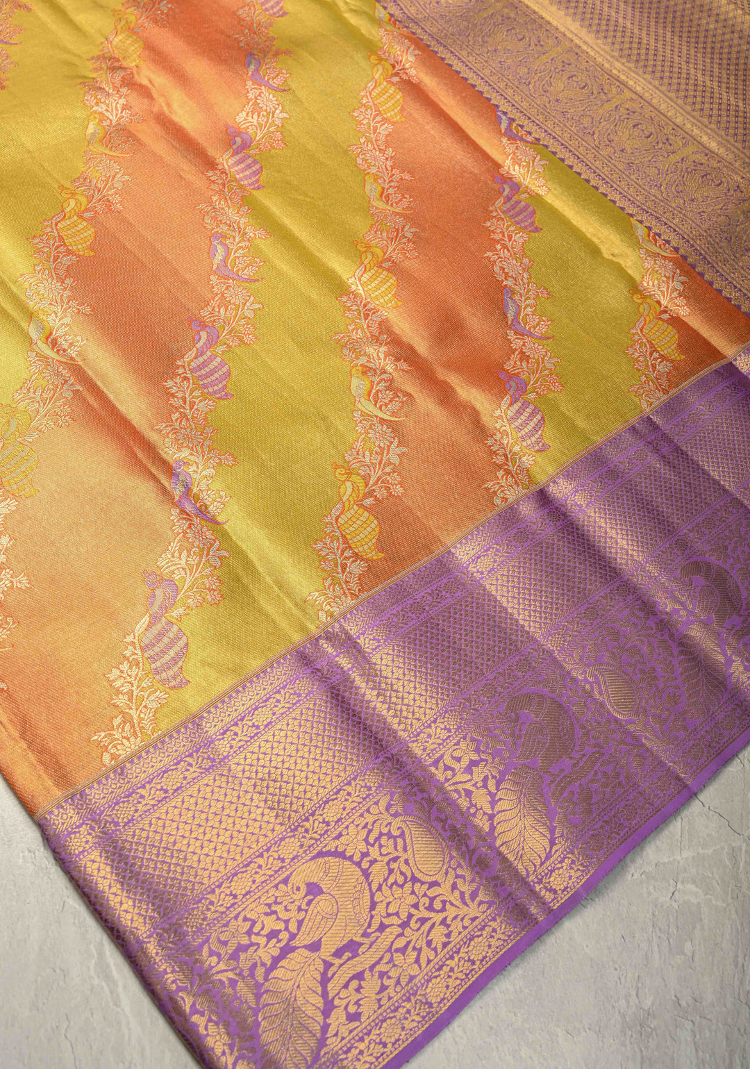 Gold-Orange Leheria Design on Pure Kanjivaram Tissue Silk Saree with Meenakari Floral-Birds Stripes and Contrast Zari Border | SILK MARK CERTIFIED