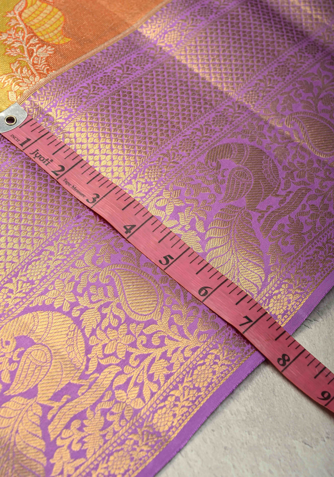 Gold-Orange Leheria Design on Pure Kanjivaram Tissue Silk Saree with Meenakari Floral-Birds Stripes and Contrast Zari Border | SILK MARK CERTIFIED