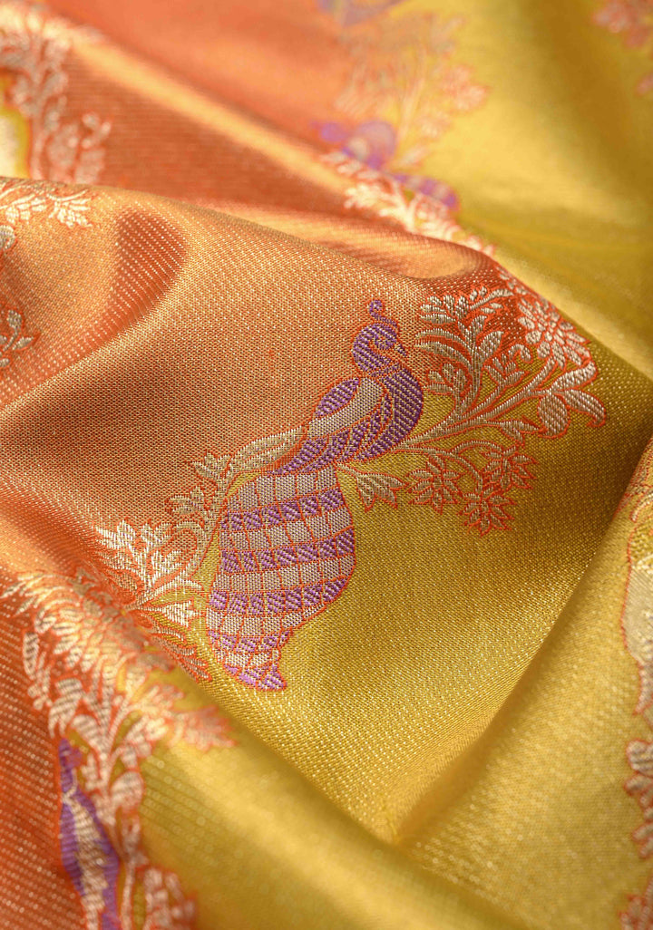 Gold-Orange Leheria Design on Pure Kanjivaram Tissue Silk Saree with Meenakari Floral-Birds Stripes and Contrast Zari Border | SILK MARK CERTIFIED